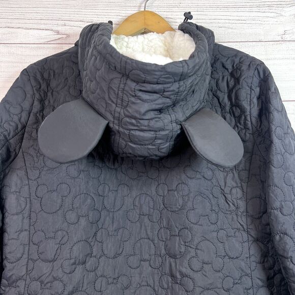 Disney Parks Quilted Jacket Black Embroidered Mickey Icon Hood Ears Full Zip S - Picture 10 of 12